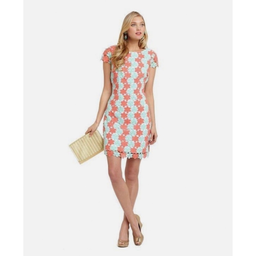 Lilly Pulitzer Misha Dress Floral Lace Coral Mint Green Sheath Size 2